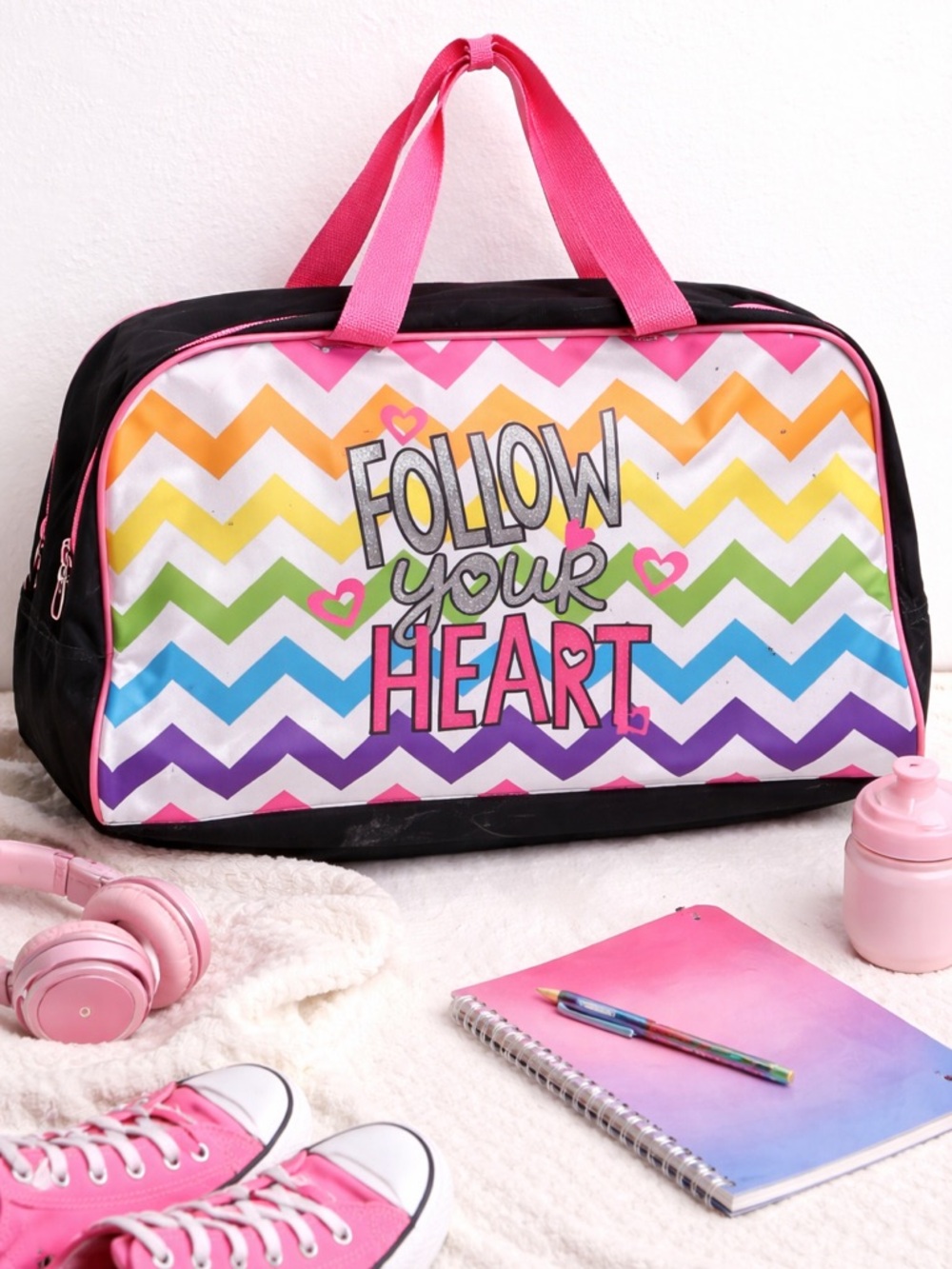 Colorful Chevron 'Follow Your Heart' Duffle Bag - Pink Handles